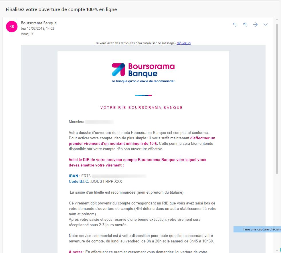 Deuxième email bourso : dépôt initial