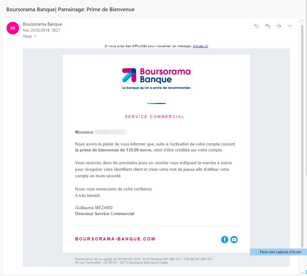 Troisième email bourso : prime reçue