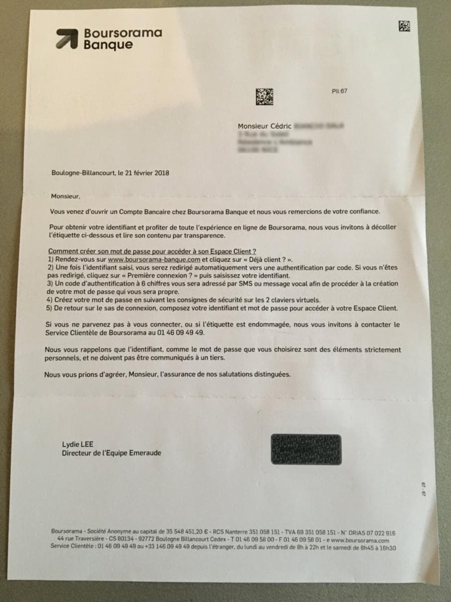 Courrier carte bancaire reçue